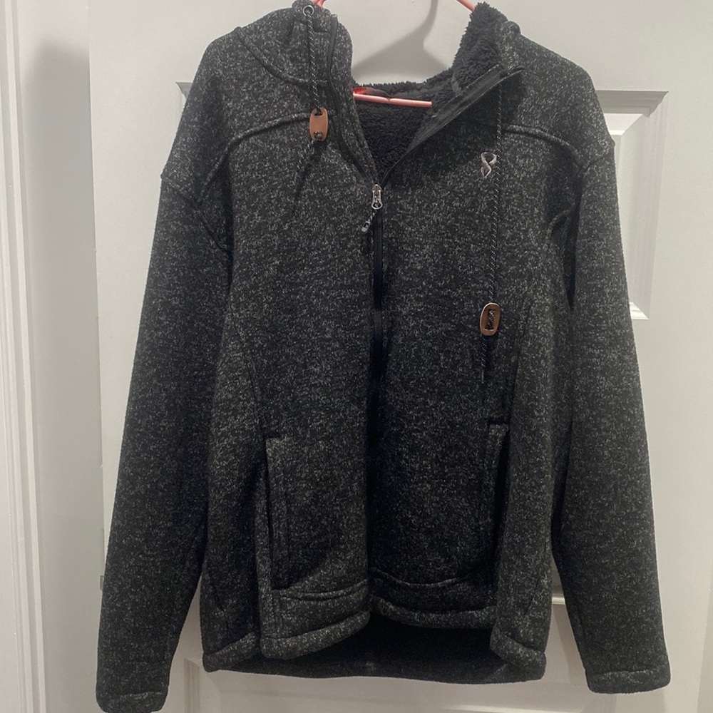 Stoic Dark Heather Sweater Like Sherpa Lined Men's Size Large Hooded Jacket